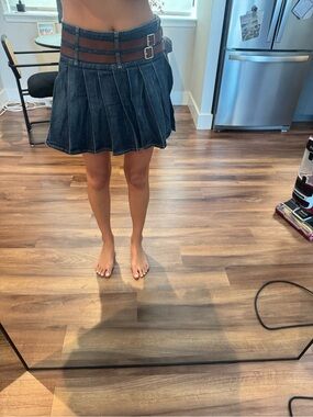 Burberry Light Blue Denim Skirt with Iconic Check Trim